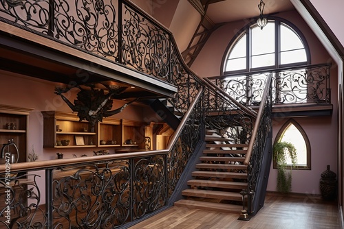 Ornate Ironwork Structures in Loft Interior  Ironwork Railings Against Stucco Wall
