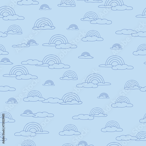 Blue Rainbows and Clouds in Line Art on Blue Background Seamless Pattern 