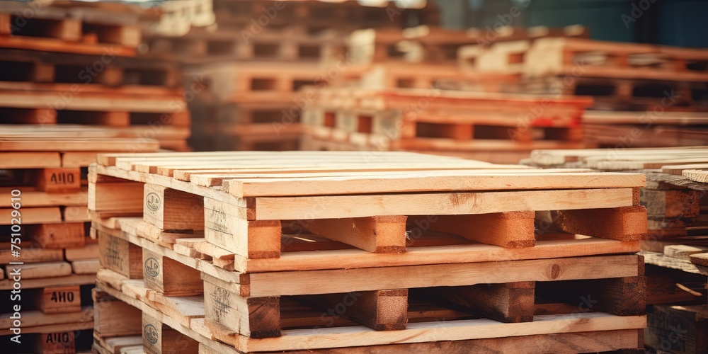 Stack of wooden pallet. Industrial wood pallet at factory warehouse. Cargo and shipping. Sustainability of supply chains. Eco-friendly and sustainable properties. Stack of wooden pallet. Industrial wood pallet at factory warehouse. Cargo and shipping. Sustainability of supply chains. Eco-friendly and sustainable properties.