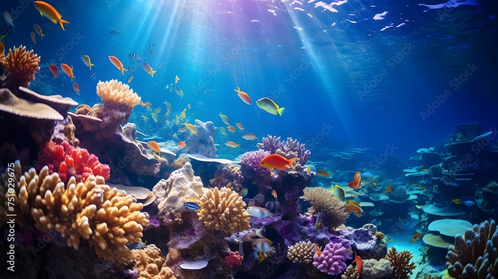 Underwater panorama of coral reef with fishes and corals.