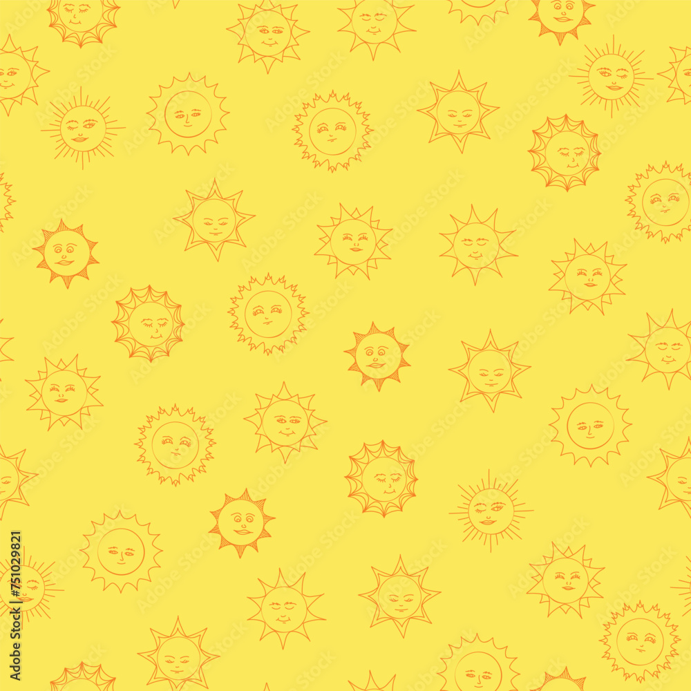 Sunny Smiles in Orange Line Art on Yellow Background Seamless Pattern Sunny Smiles in Orange Line Art on Yellow Background Seamless Pattern
