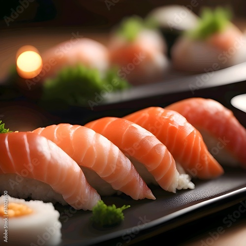Delicious sushi with fresh salmon on white rice