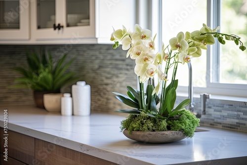 Organic Elegance  Lush Fern and Orchid Arrangements in Modern Farmhouse Kitchen with Concrete Island