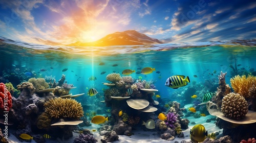 Underwater panorama of tropical coral reef with fishes at sunset.