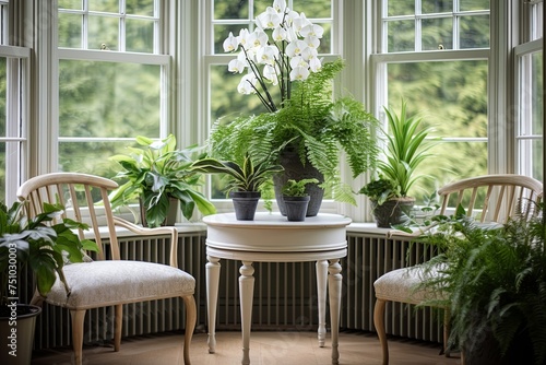 Lush Fern and Orchid Displays in Nordic Style Room: Orchids on Round Table Near Window