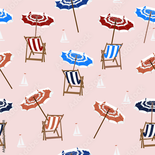 Fashion vector summer pattern with chaise lounge and umbrellas