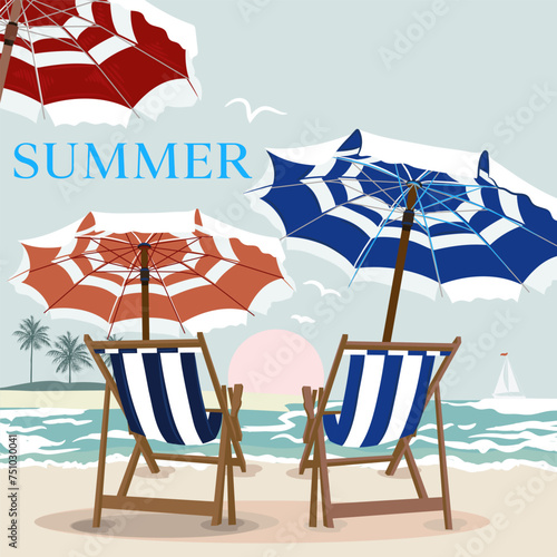 Fashion vector summer illustration with beach, sea, sand, chaise lounge and umbrellas