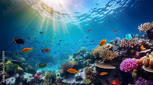 Underwater panorama of the coral reef and tropical fish. Underwater world.