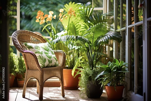 Lush Fern and Orchid Balcony  Terracotta Pots near Rattan Chair
