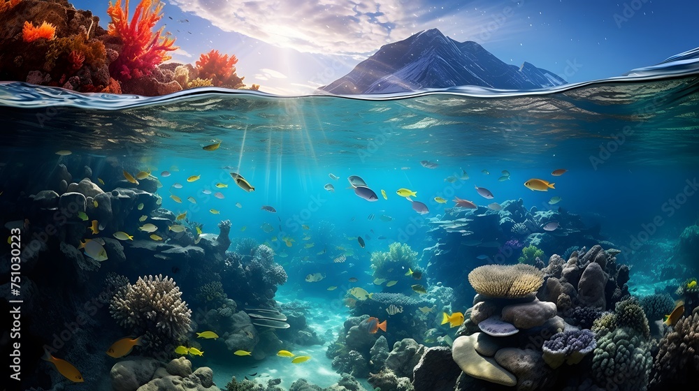 Underwater panorama of coral reef and tropical fish. Seascape of underwater world. - obrazy, fototapety, plakaty 