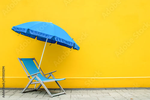 Chair and beach hat and yellow wall background, with vibrant colors that highlight the colors and textures characteristic of summer photo
