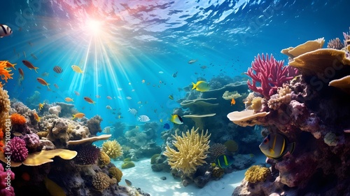Underwater panorama of coral reef with fishes and sunbeams