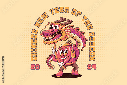 T-shirt design with chinese lantern performing dragon dance Retro Cartoon Character Illustration. Year of the dragon 2024