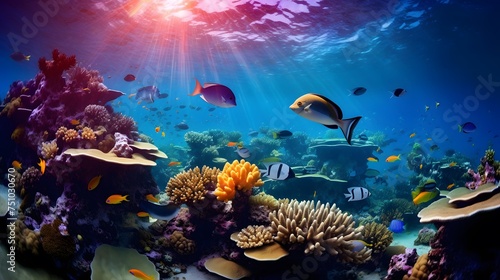 Underwater view of coral reef and fish. Underwater world. © Iman