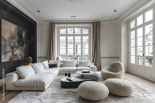 A sleek black and white living room. Interior design.