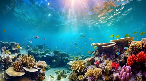 Coral reef and tropical fish. Underwater panoramic view.
