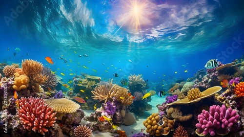Underwater panorama of tropical coral reef with fishes and corals © Iman