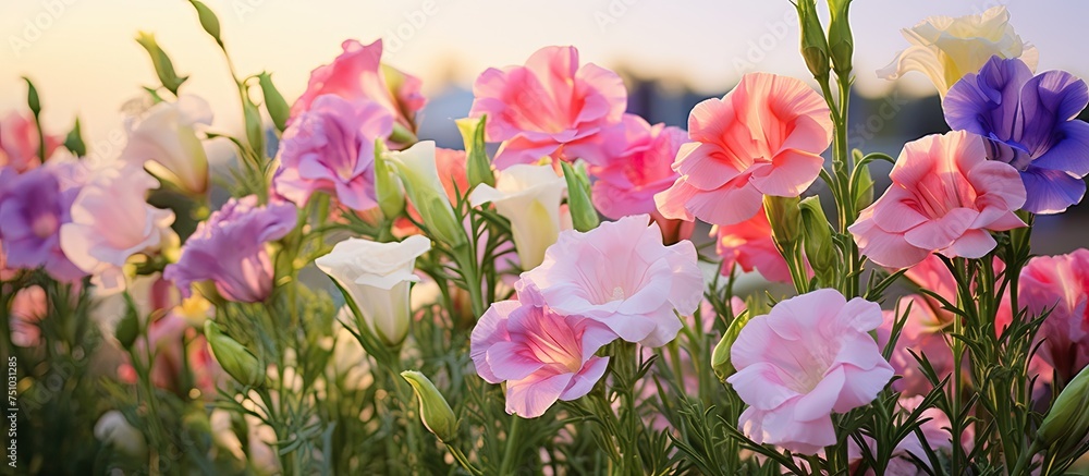 A cluster of lisianthus flowers scattered in the lush green grass, adding color and vibrancy to the natural setting. A cluster of lisianthus flowers scattered in the lush green grass, adding color and vibrancy to the natural setting.