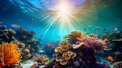 Underwater panorama of tropical coral reef with fish and sunlight.