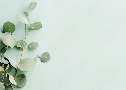 Eucalyptus branches on light green background, close up,space for text,flat lay,copy space © Iryna