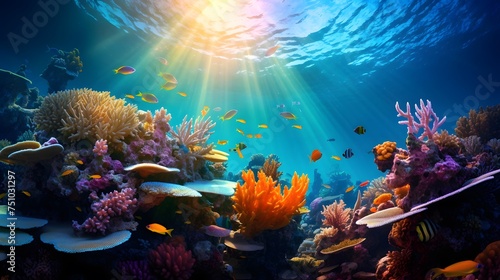Underwater panorama of coral reef with tropical fish and sunlight.
