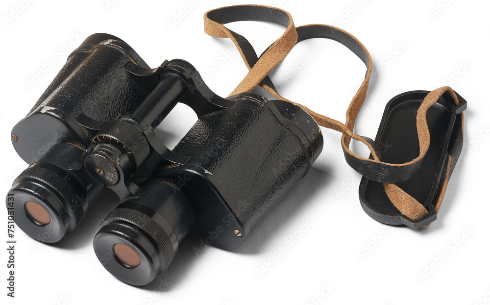 set of old classic black binoculars with metal housing and anti-reflective coating on the lenses used for activities such as birdwatching, hunting or military observation, isolated on white background set of old classic black binoculars with metal housing and anti-reflective coating on the lenses used for activities such as birdwatching, hunting or military observation, isolated on white background