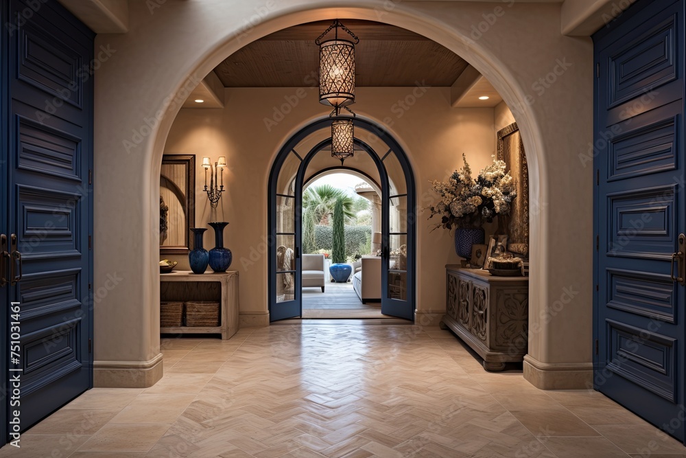 Mediterranean Villa Entryway: Deep Ocean Blue Doors & Beige Flooring Inspiration