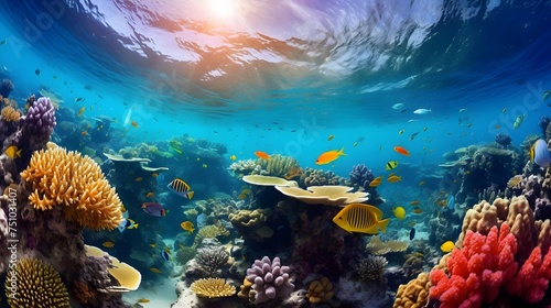 Underwater panorama of the coral reef and tropical fish. Philippines.
