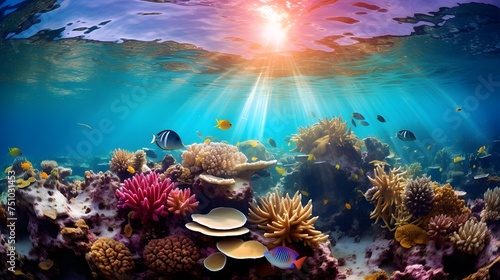 Underwater panorama of coral reef with fishes. Underwater world.