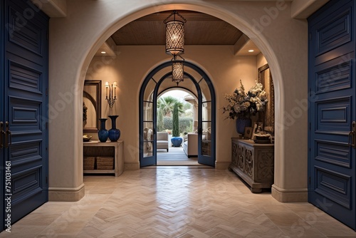 Mediterranean Villa Entryway  Deep Ocean Blue Doors   Beige Flooring Inspiration