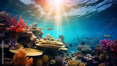 Underwater panorama of coral reef and tropical fish with sunlight.