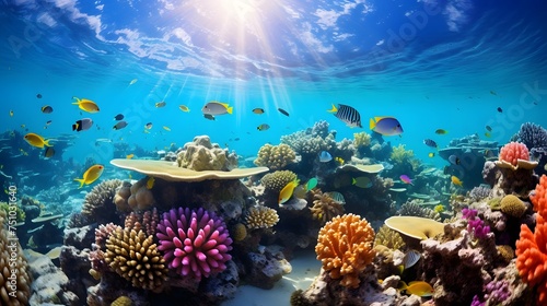 Panoramic view of the underwater world with corals and tropical fish