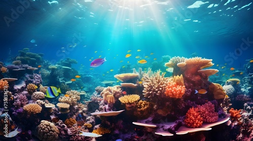 Underwater view of coral reef and tropical fish. Panorama. © Iman