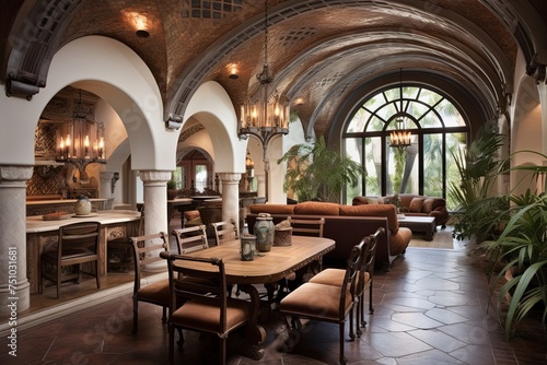 Mediterranean Dining Area  Arched Ceiling Metal   Leather Seating Inspirations