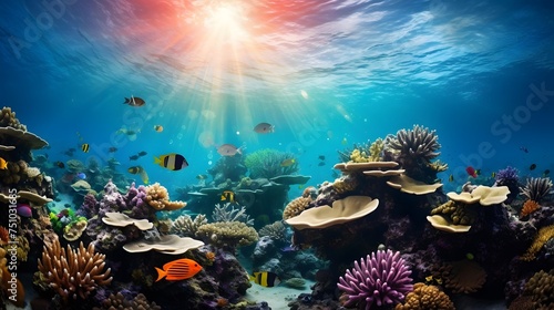 Underwater panoramic view of coral reef and tropical fish.