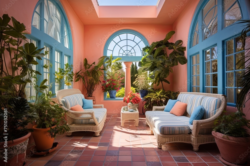 Fototapeta premium Seashell Accents Mediterranean Villa: Coral Details, Blue Walls & Sunny Patio