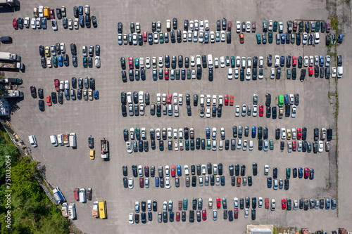 View from drone on numerous cars occupying outdoor parking lot photo