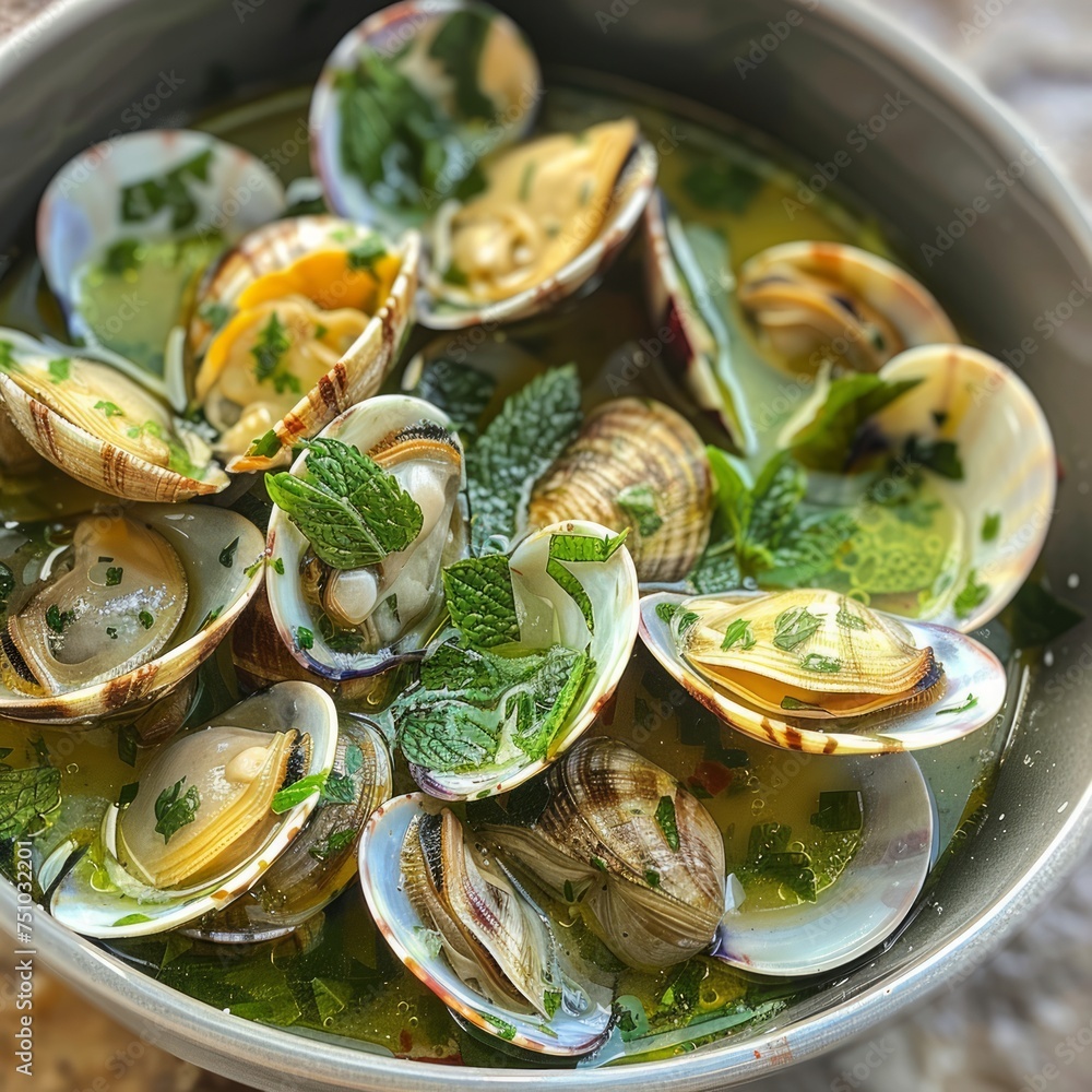Clams in green sauce with mint in bowl, closeup.