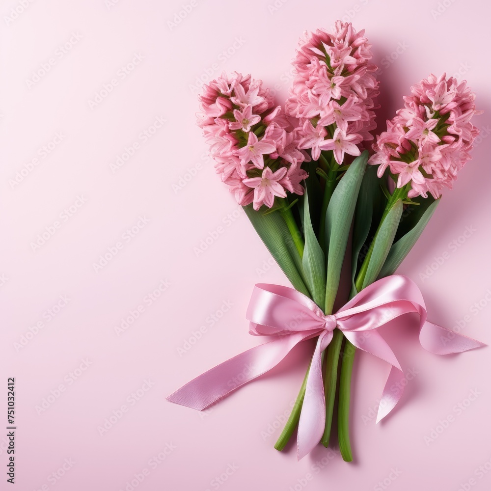 Branches of hyacinth with pink flowers and leaves with pink ribbon on pink background,close up, copy space Branches of hyacinth with pink flowers and leaves with pink ribbon on pink background,close up, copy space