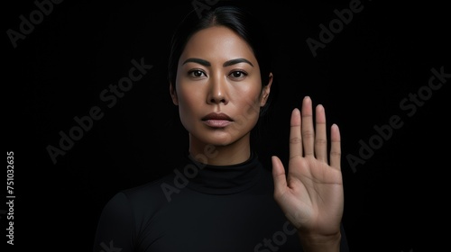 Woman show palm hand against racial gender discrimination photo