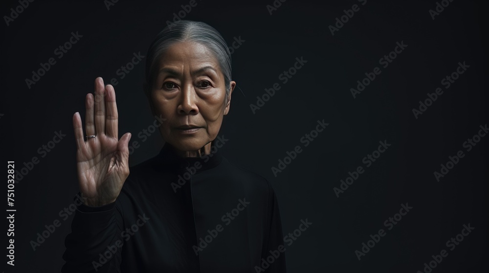 Woman show palm hand against racial gender discrimination