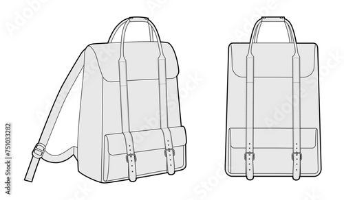Adventure backpack silhouette bag. Fashion accessory technical illustration. Vector schoolbag front 3-4 view for Men, women, unisex style, flat handbag CAD mockup sketch outline isolated