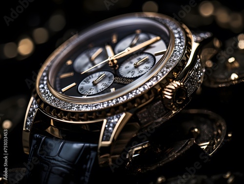 Wrist watch on black background, closeup. Luxury wristwatch