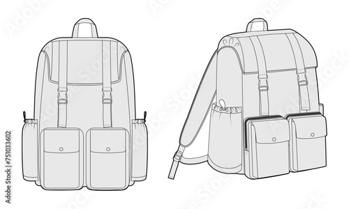 Outdoors backpack silhouette bag. Fashion accessory technical illustration. Vector schoolbag front 3-4 view for Men, women, unisex style, flat handbag CAD mockup sketch outline isolated