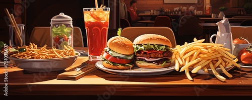 Fast food items, including tomato soup, sauce, hamburger, fries, pasta, sandwich, and Caesar salad, are served on a wooden table in a cafe.