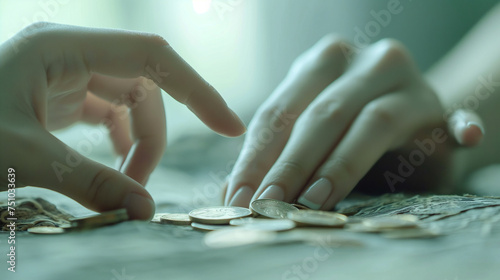 Two hands are touching a pile of coins