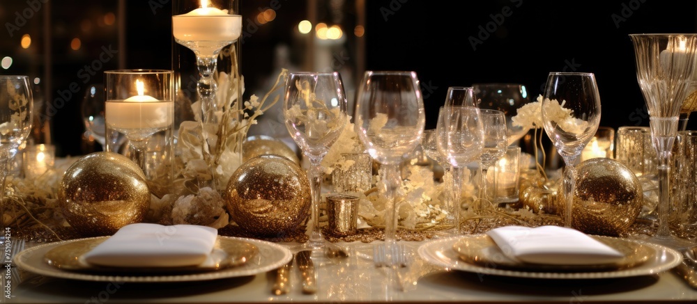 A formal table is set for dinner, featuring elegant tableware, fine silverware, and flickering candles in golden holders. The ambiance is sophisticated and luxurious, perfect for a special event or A formal table is set for dinner, featuring elegant tableware, fine silverware, and flickering candles in golden holders. The ambiance is sophisticated and luxurious, perfect for a special event or