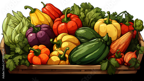Colorful Vegetable Bounty. Illustration of a wooden crate brimming with fresh  colorful vegetables  perfect for culinary themes  healthy eating  and vegetarian lifestyle imagery.