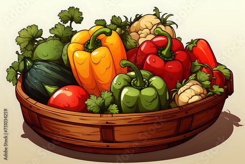 Vegetable Harvest Basket. A colorful illustration of a basket full of fresh vegetables  ideal for themes of healthy eating  organic produce  and vegetarian lifestyle.