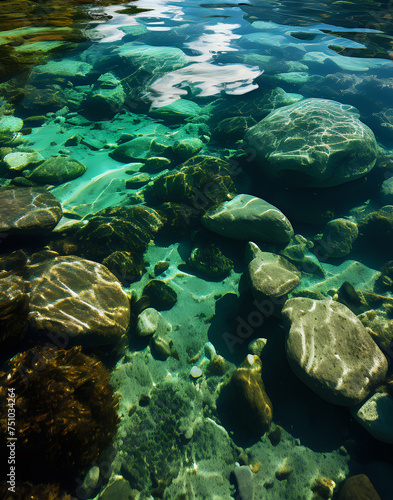 Crystal Waters  Underwater Rocks in Sunlit River. Crystal clear river water showcasing smooth rocks and pebbles  bathed in sunlight. Perfect for themes of natural beauty  tranquility  and environmenta